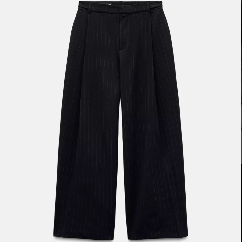 Zara Navy Pinstripe Flannel Wide-Leg Trousers M